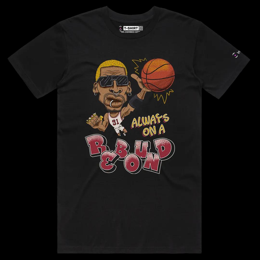 VOICEART Black Male Regular Vintage Rodman on a Rebound Sports Tee for Basketball Fans Combed Cotton Short Sleeve T-Shirt