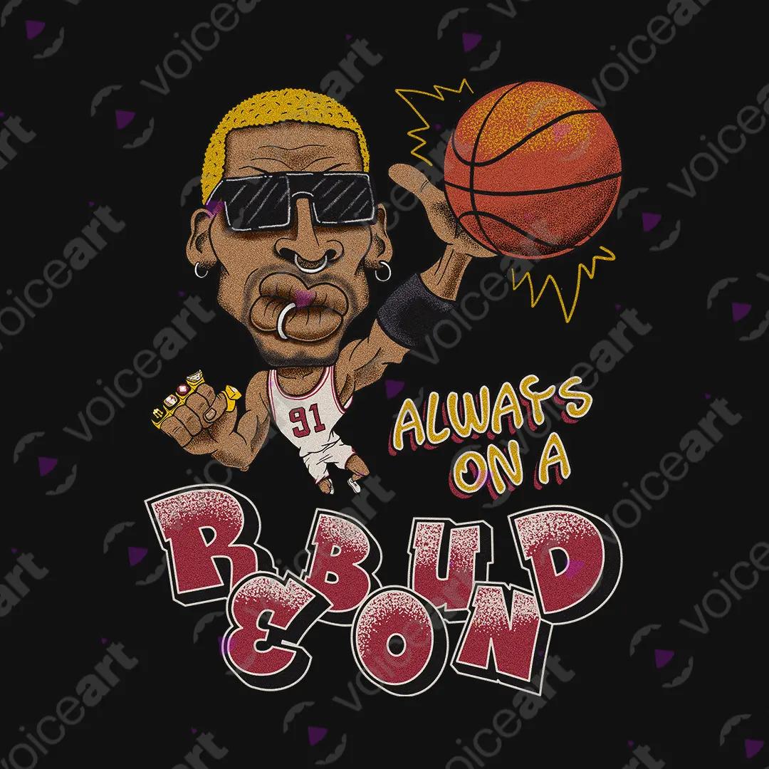 VOICEART Black Watermark Vintage Rodman on a Rebound Sports Tee for Basketball Fans Combed Cotton Short Sleeve T-Shirt