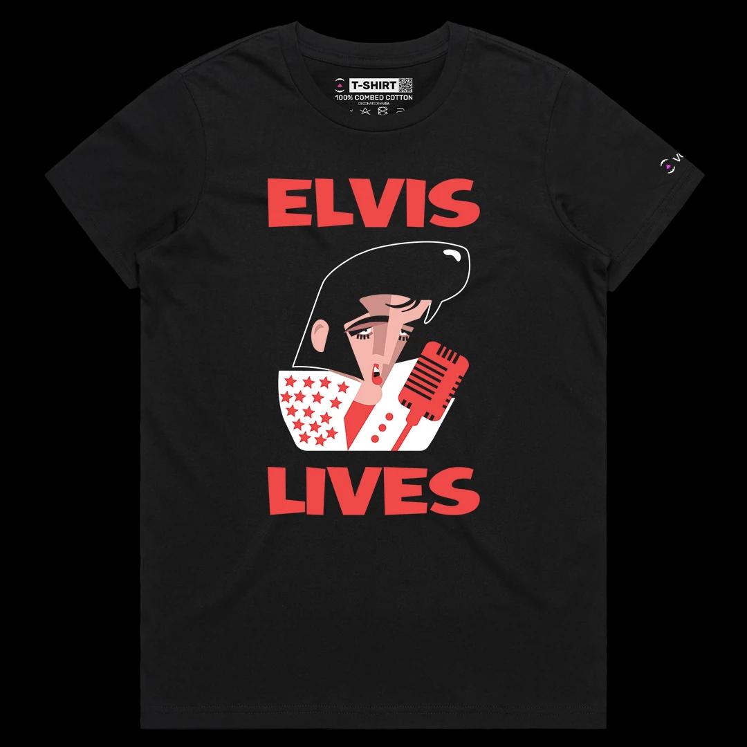 VOICEART Black Female Regular Elvis Lives Music Icon Tee with Premium Design Short Sleeve Cotton T-Shirt for Men and Women