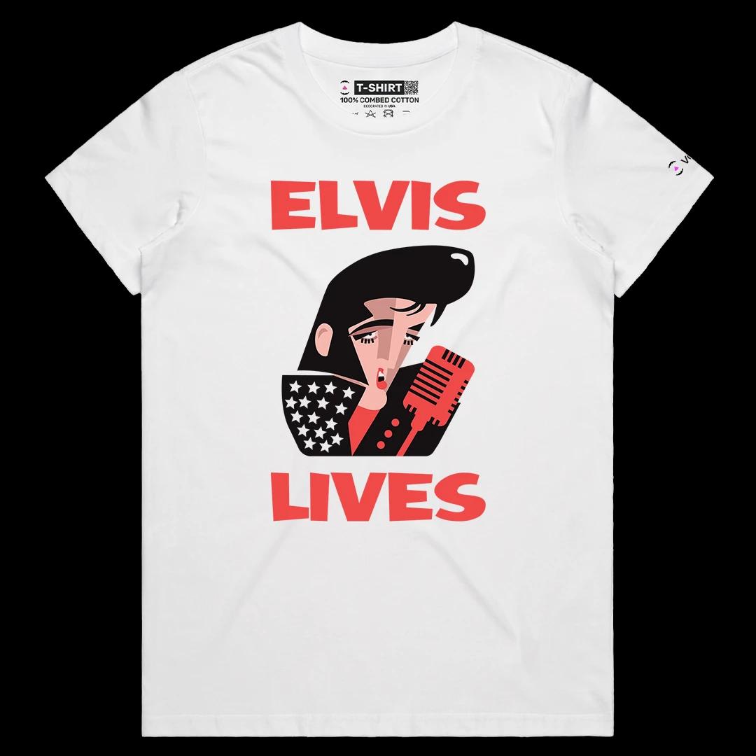 VOICEART White Female Regular Elvis Lives Music Icon Tee with Premium Design Short Sleeve Cotton T-Shirt for Men and Women
