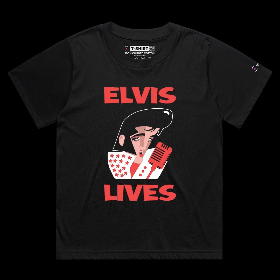 VOICEART Black Female Loose Elvis Lives Music Icon Tee with Premium Design Short Sleeve Cotton T-Shirt for Men and Women