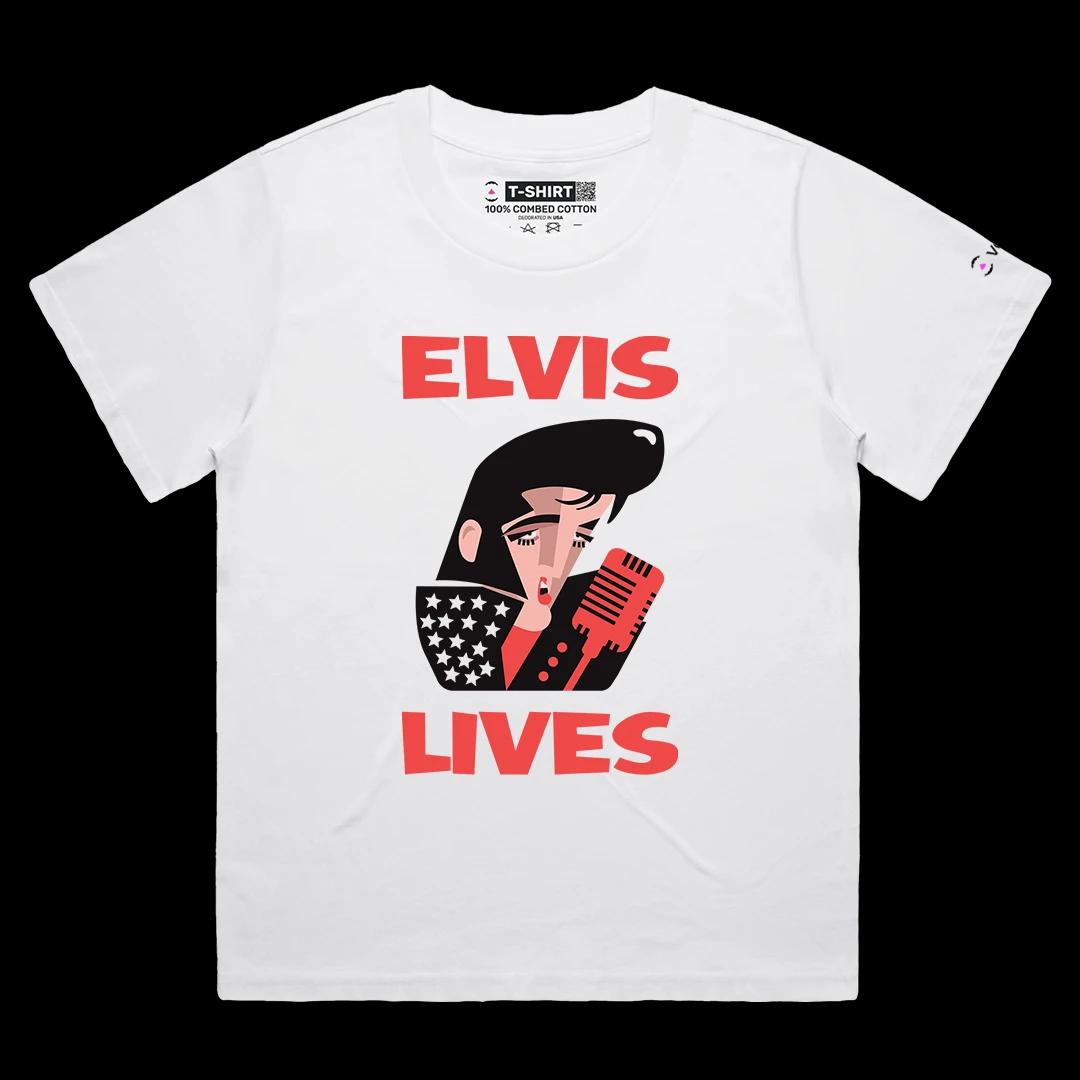 VOICEART White Female Loose Elvis Lives Music Icon Tee with Premium Design Short Sleeve Cotton T-Shirt for Men and Women