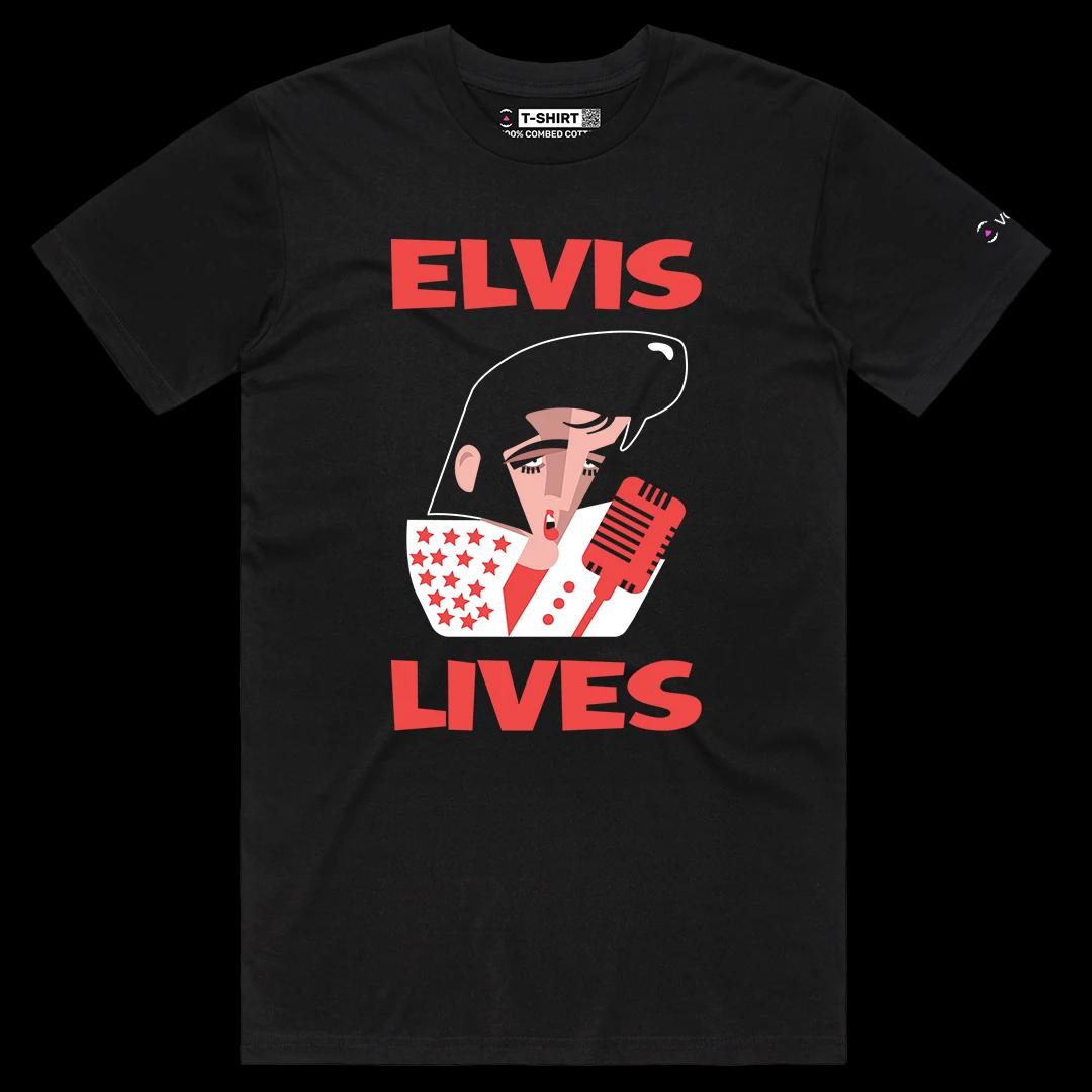 VOICEART Black Male Regular Elvis Lives Music Icon Tee with Premium Design Short Sleeve Cotton T-Shirt for Men and Women