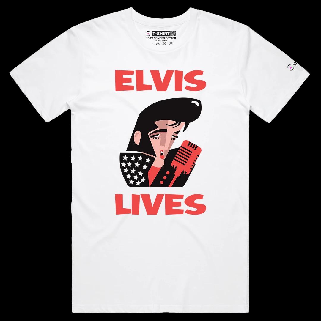 VOICEART White Male Regular Elvis Lives Music Icon Tee with Premium Design Short Sleeve Cotton T-Shirt for Men and Women