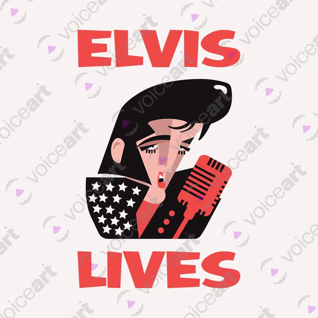 VOICEART White Watermark Elvis Lives Music Icon Tee with Premium Design Short Sleeve Cotton T-Shirt for Men and Women