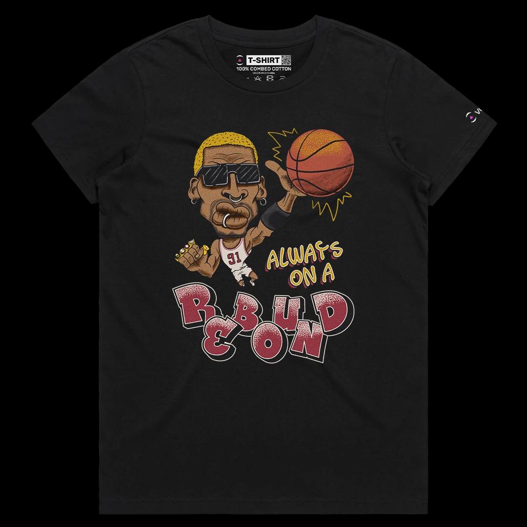 VOICEART Black Female Regular Vintage Rodman on a Rebound Sports Tee for Basketball Fans Combed Cotton Short Sleeve T-Shirt