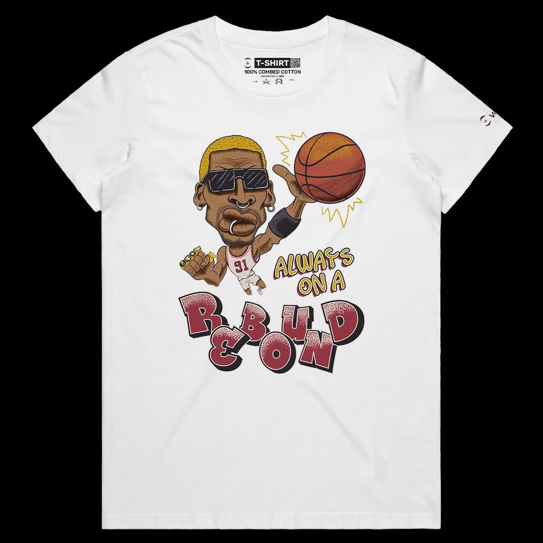 VOICEART White Female Regular Vintage Rodman on a Rebound Sports Tee for Basketball Fans Combed Cotton Short Sleeve T-Shirt