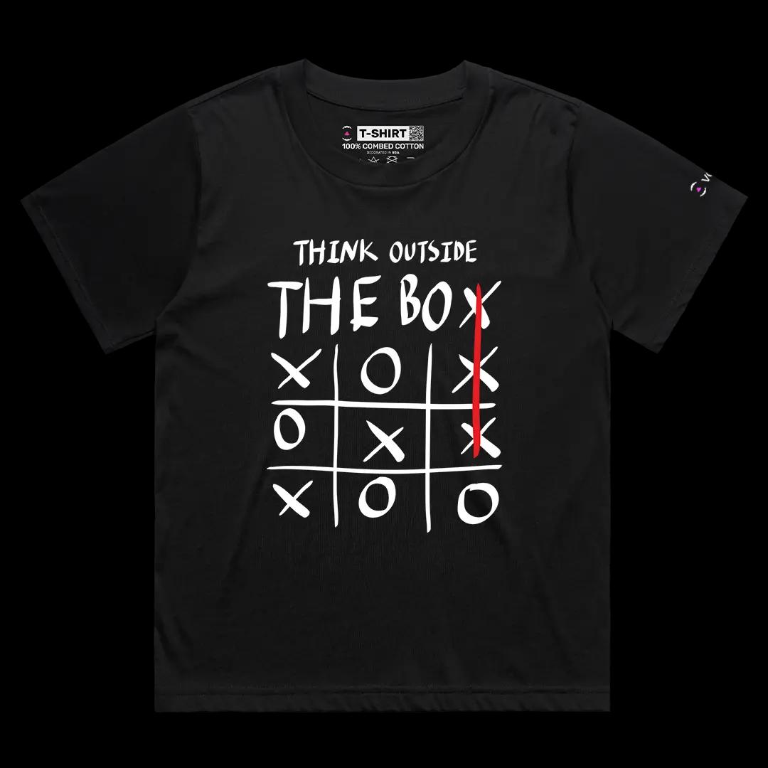 VOICEART Black Female Loose Think Outside The Box Graphic Tee with Inspirational Message Combed Cotton Short Sleeve Tee
