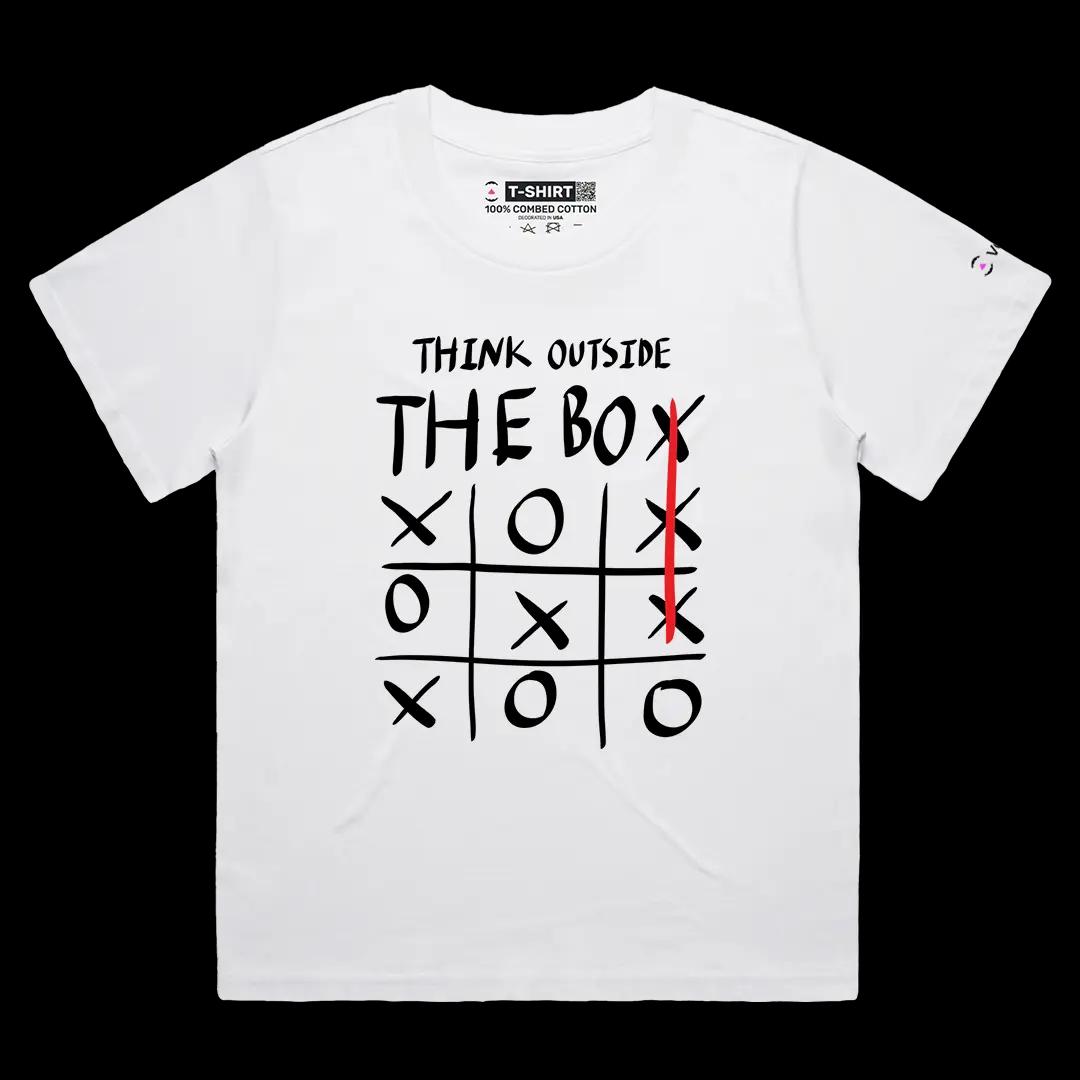 VOICEART White Female Loose Think Outside The Box Graphic Tee with Inspirational Message Combed Cotton Short Sleeve Tee
