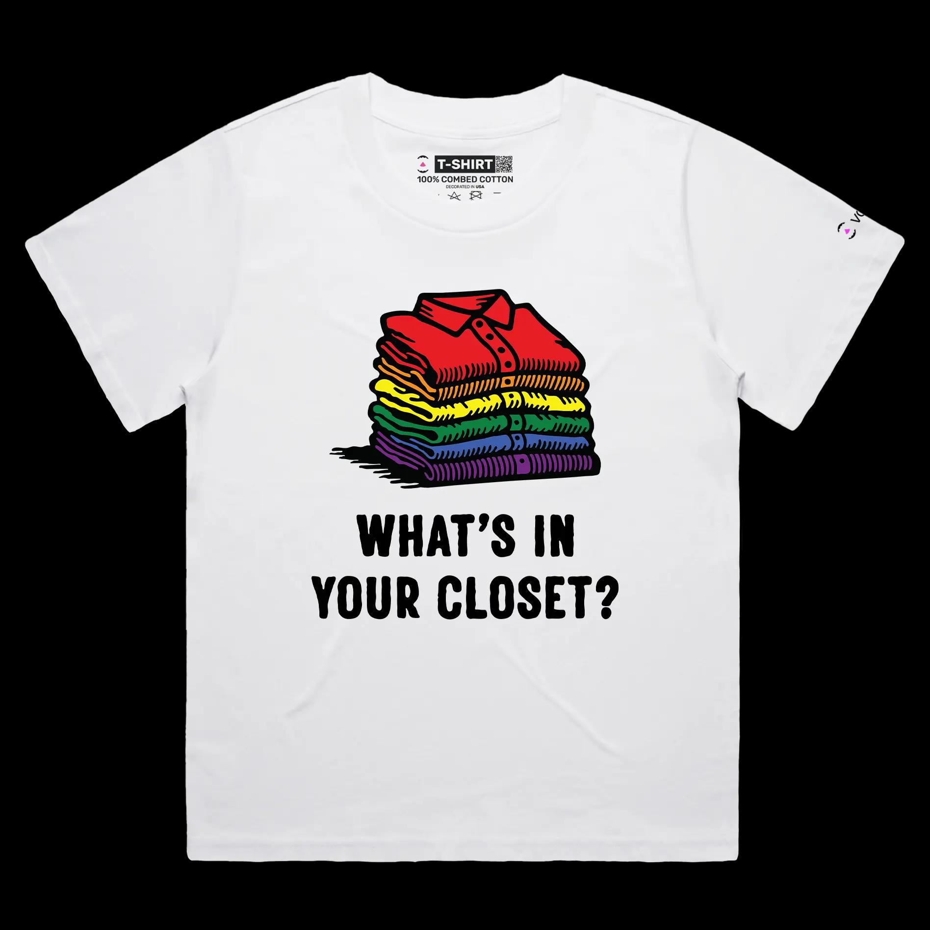 VOICEART White Female Loose Coming out of Closet Funny Gay Shirt with Premium Graphic LGBTQ Rainbow Alliance Pride Tee v1