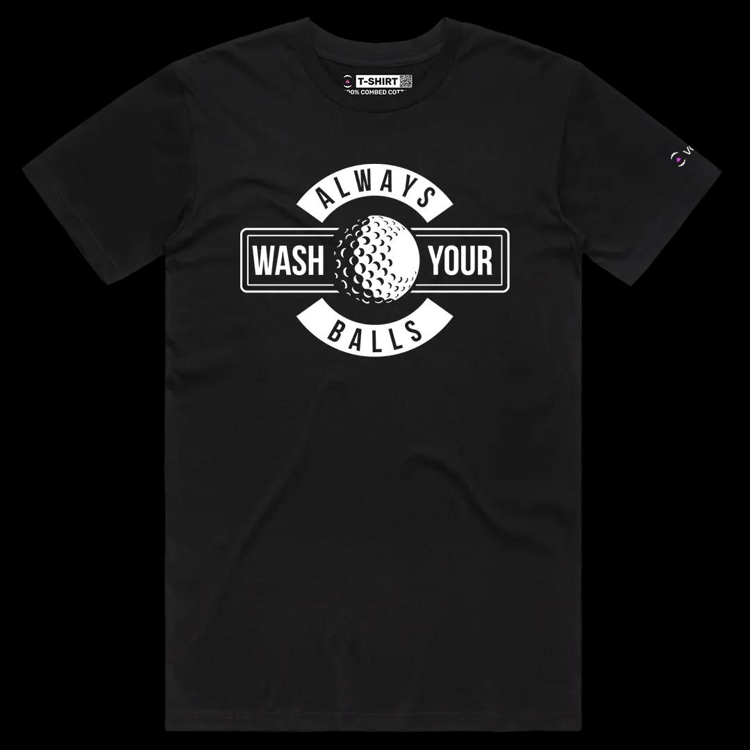 VOICEART Black Male Regular Always Wash Your Balls Funny Golf Wordplay Tee Short Sleeve Cotton T-Shirt for Men and Women