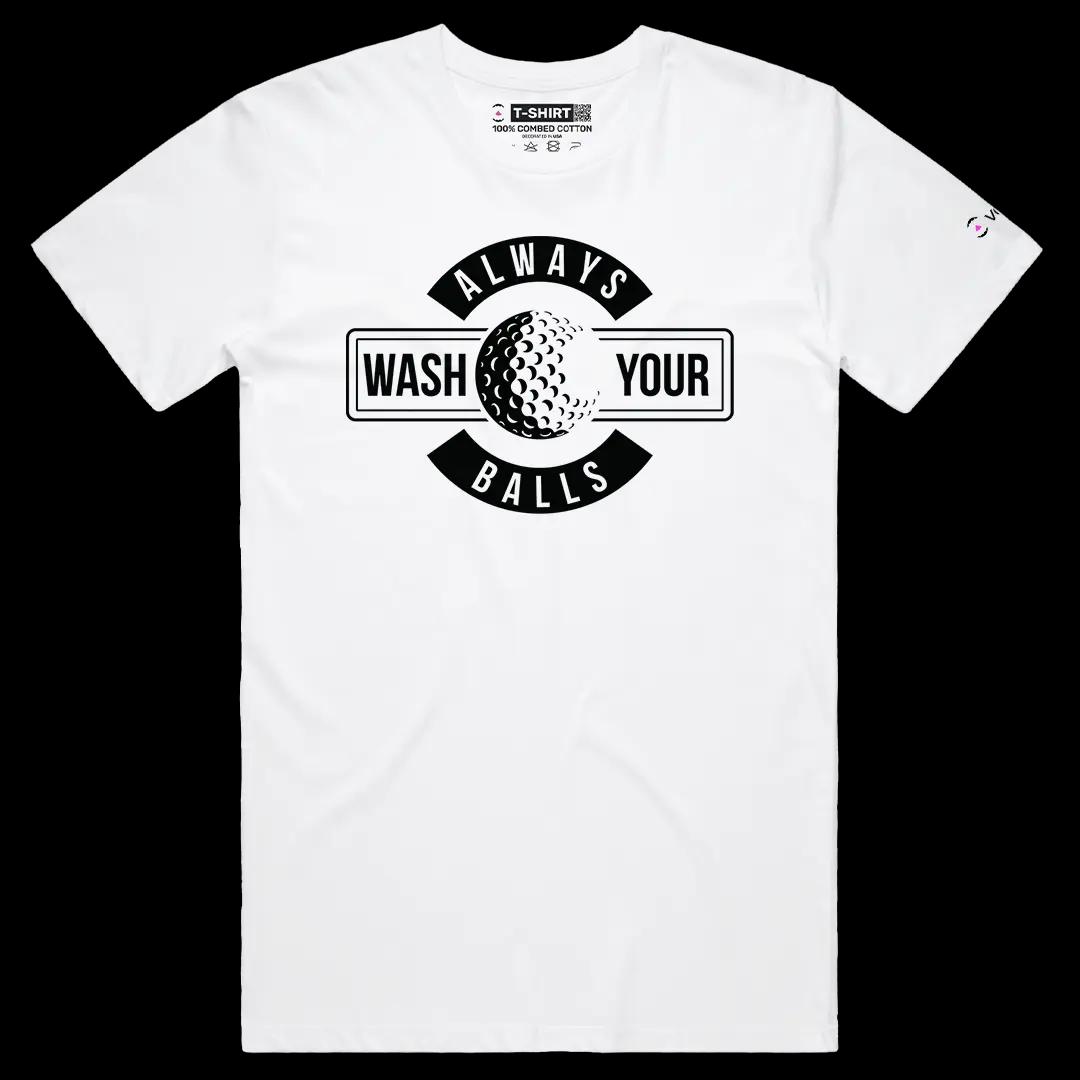 VOICEART White Male Regular Always Wash Your Balls Funny Golf Wordplay Tee Short Sleeve Cotton T-Shirt for Men and Women