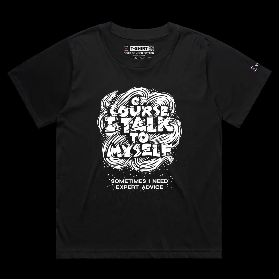 VOICEART Black Female Loose I Talk To Myself Graphic Tee Sarcastic Joke Short Sleeve Cotton T-Shirt for Men and Women