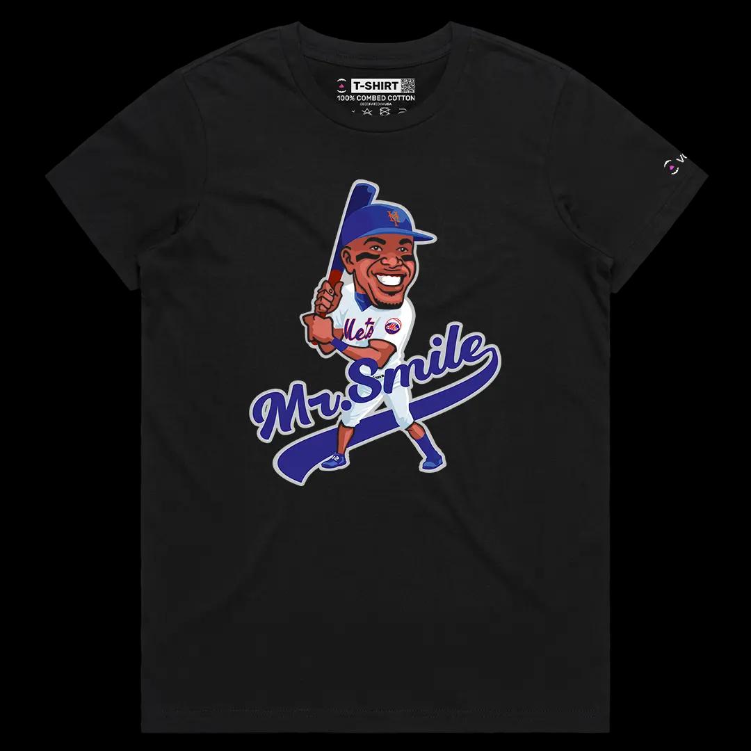 VOICEART Black Female Regular Francisco Lindor Mr Smile Sports Graphic Tee for Baseball Fans Short Sleeve Cotton T-Shirt