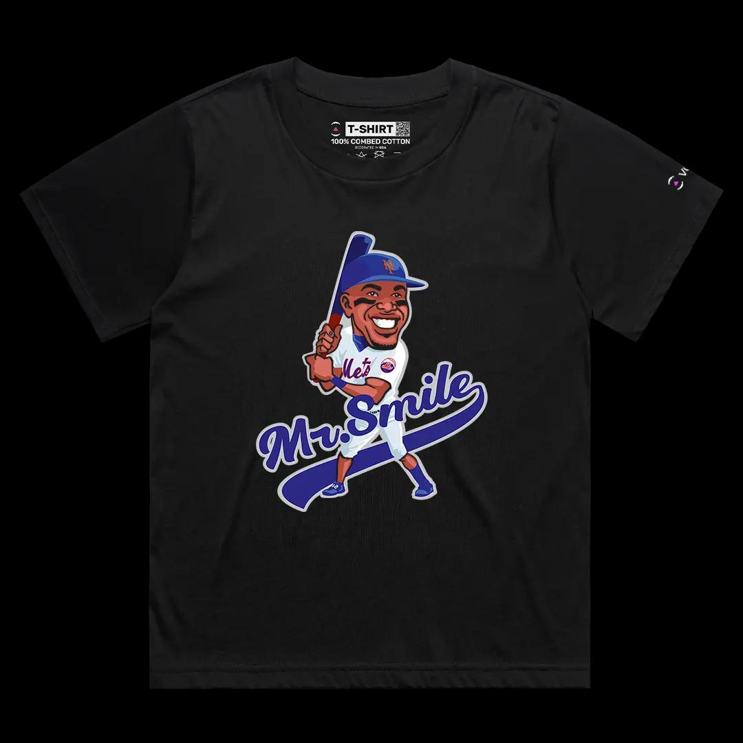 VOICEART Black Female Loose Francisco Lindor Mr Smile Sports Graphic Tee for Baseball Fans Short Sleeve Cotton T-Shirt