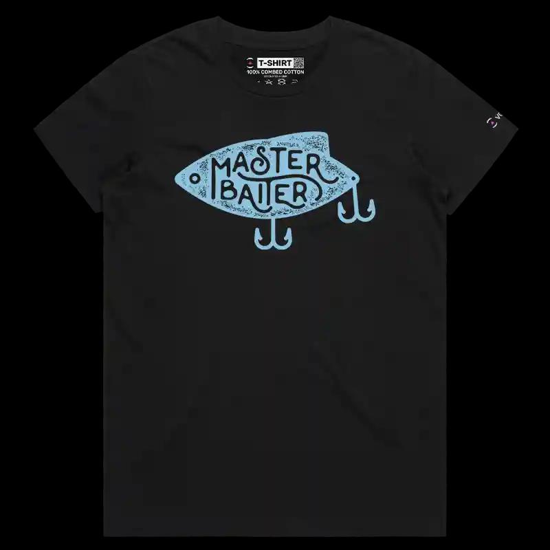 VOICEART Black Female Regular Master Baiter Funny Fishing T-Shirt Premium Graphic Fisherman Jokes Tee with Play on Words
