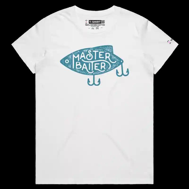 VOICEART White Female Regular Master Baiter Funny Fishing T-Shirt Premium Graphic Fisherman Jokes Tee with Play on Words