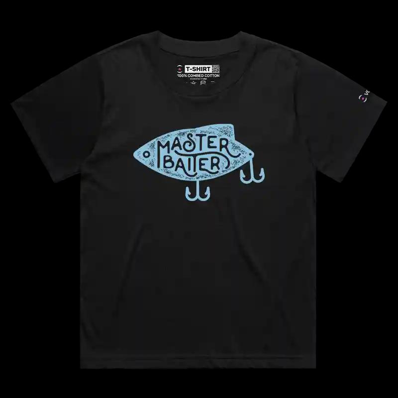 VOICEART Black Female Loose Master Baiter Funny Fishing T-Shirt Premium Graphic Fisherman Jokes Tee with Play on Words