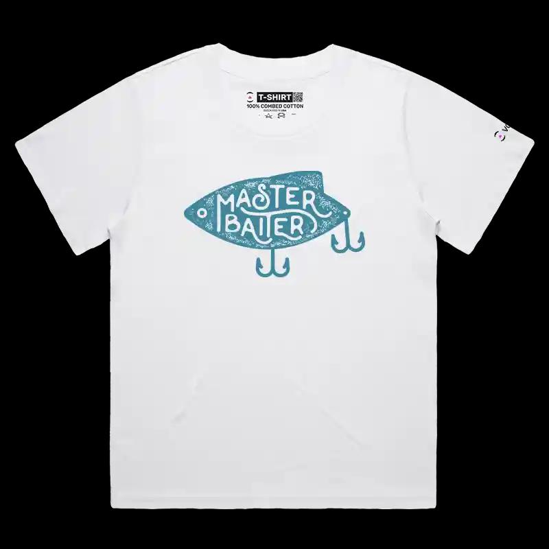 VOICEART White Female Loose Master Baiter Funny Fishing T-Shirt Premium Graphic Fisherman Jokes Tee with Play on Words