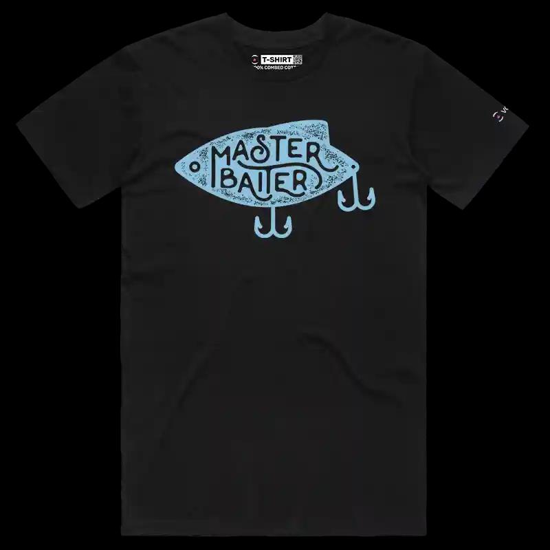 VOICEART Black Male Regular Master Baiter Funny Fishing T-Shirt Premium Graphic Fisherman Jokes Tee with Play on Words
