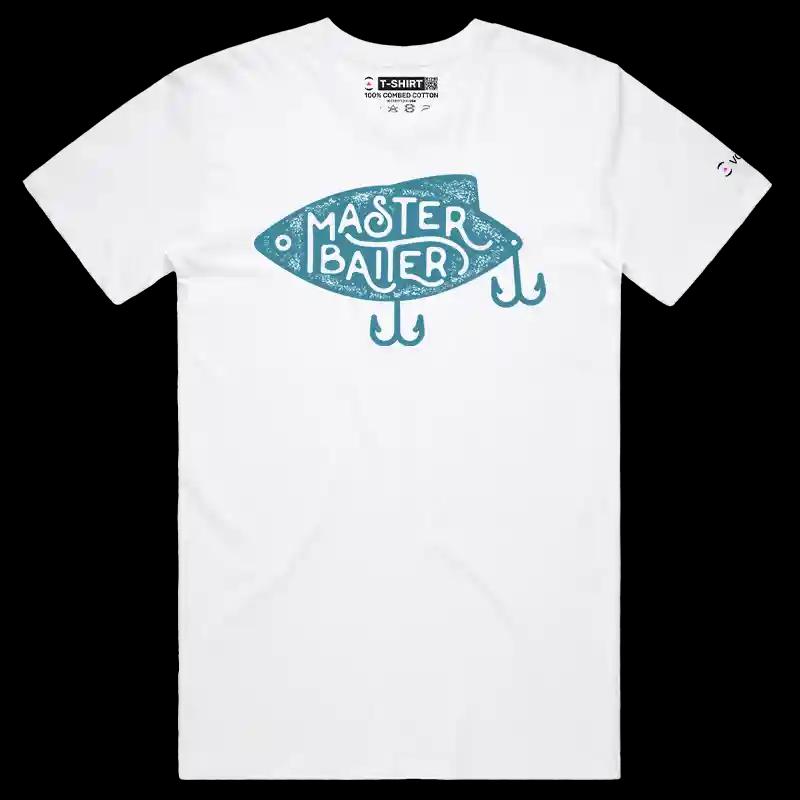 VOICEART White Male Regular Master Baiter Funny Fishing T-Shirt Premium Graphic Fisherman Jokes Tee with Play on Words