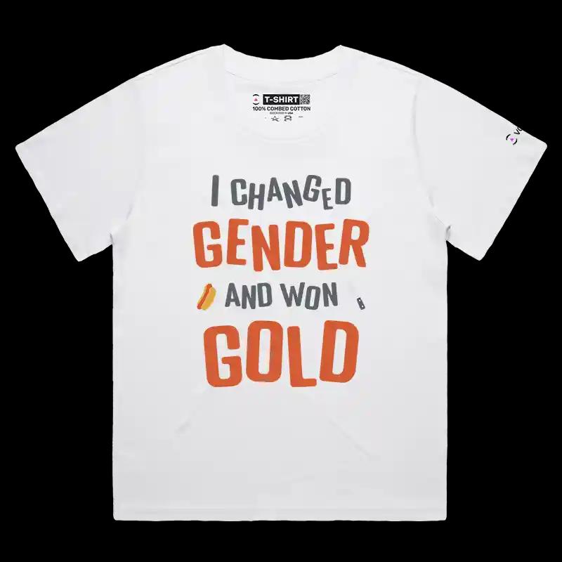 VOICEART White Female Loose Gender Change Funny T-Shirt with Premium Graphics USA Trans Gold Medalist Tee with Wordplay