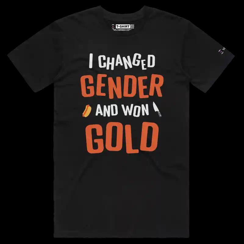 VOICEART Black Male Regular Gender Change Funny T-Shirt with Premium Graphics USA Trans Gold Medalist Tee with Wordplay
