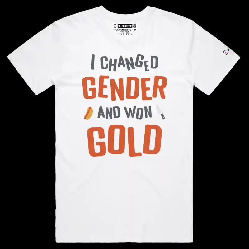 VOICEART White Male Regular Gender Change Funny T-Shirt with Premium Graphics USA Trans Gold Medalist Tee with Wordplay