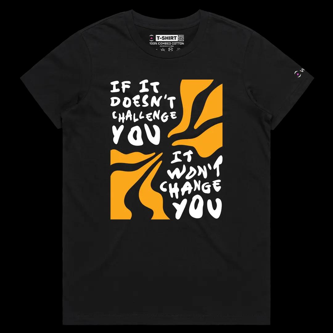 VOICEART Black Female Regular Look For a Challenge Graphic Tee a Message Combed Cotton Short Sleeve T-Shirt for Men and Women
