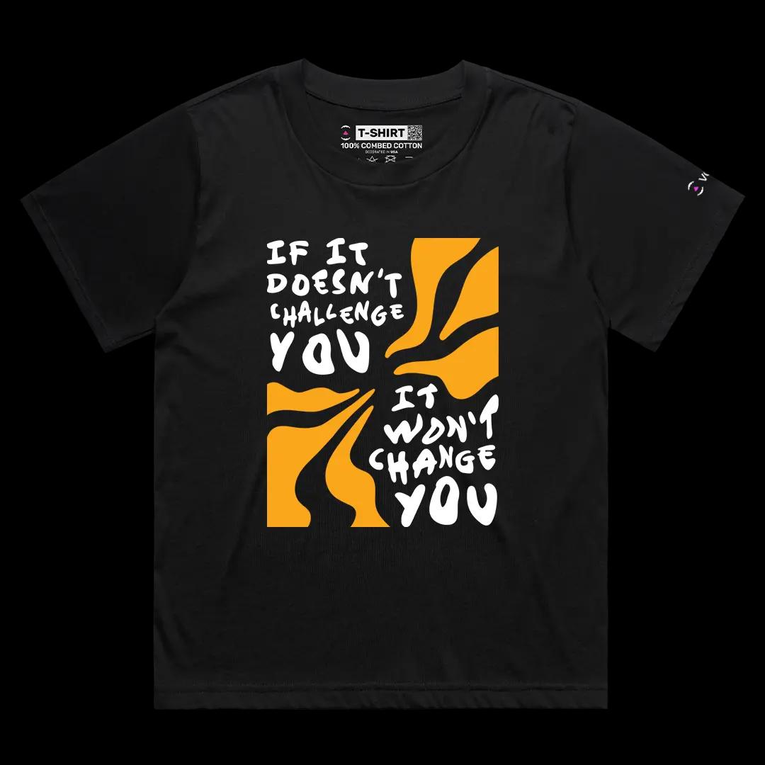 VOICEART Black Female Loose Look For a Challenge Graphic Tee a Message Combed Cotton Short Sleeve T-Shirt for Men and Women