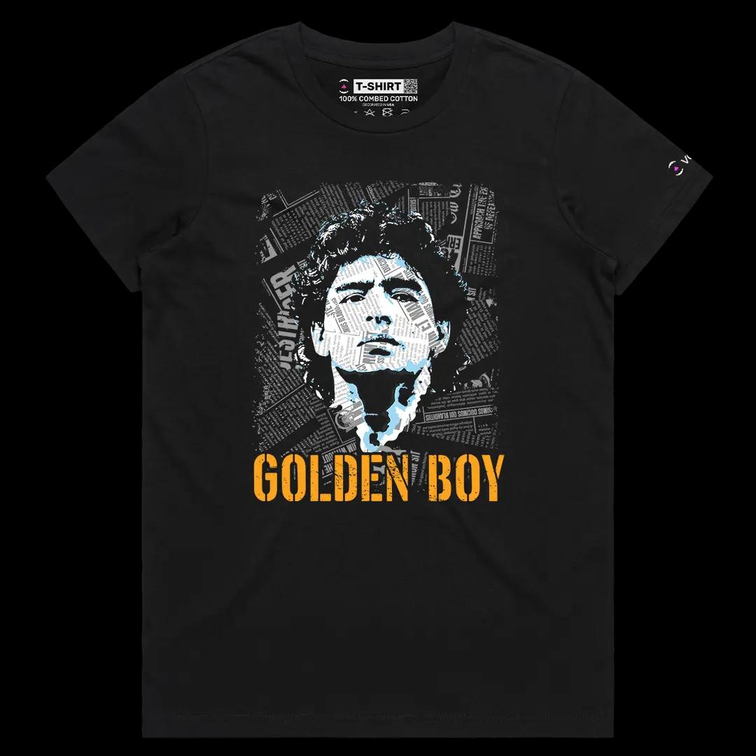 VOICEART Black Female Regular Maradona The Golden Boy Sports Graphic Tee for Soccer Fans Short Sleeve Combed Cotton T-Shirt