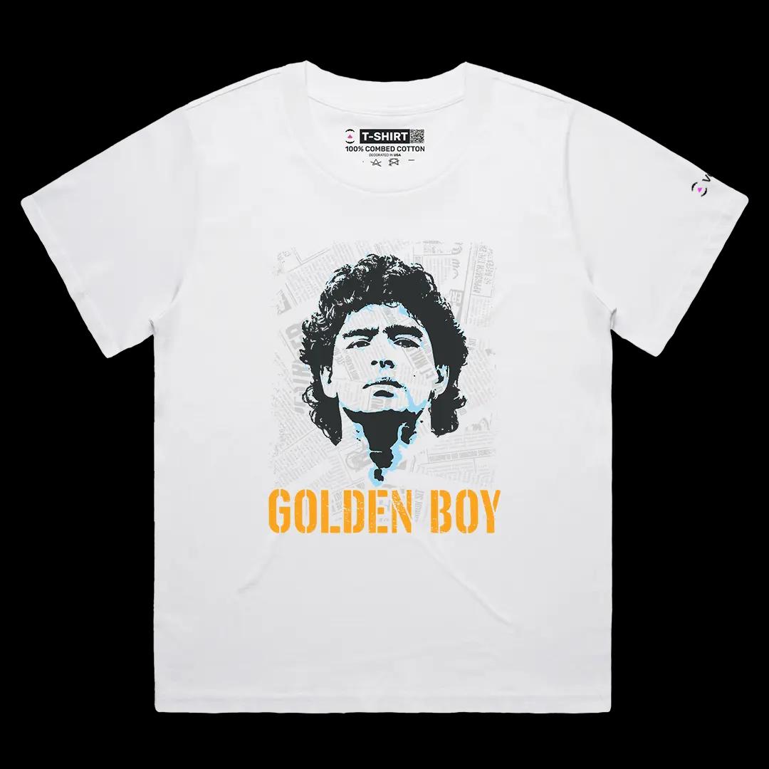 VOICEART White Female Loose Maradona The Golden Boy Sports Graphic Tee for Soccer Fans Short Sleeve Combed Cotton T-Shirt