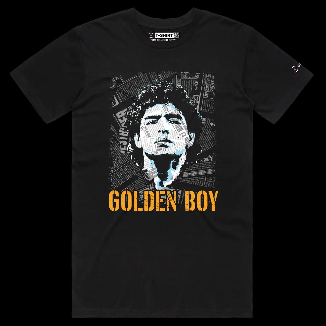 VOICEART Black Male Regular Maradona The Golden Boy Sports Graphic Tee for Soccer Fans Short Sleeve Combed Cotton T-Shirt