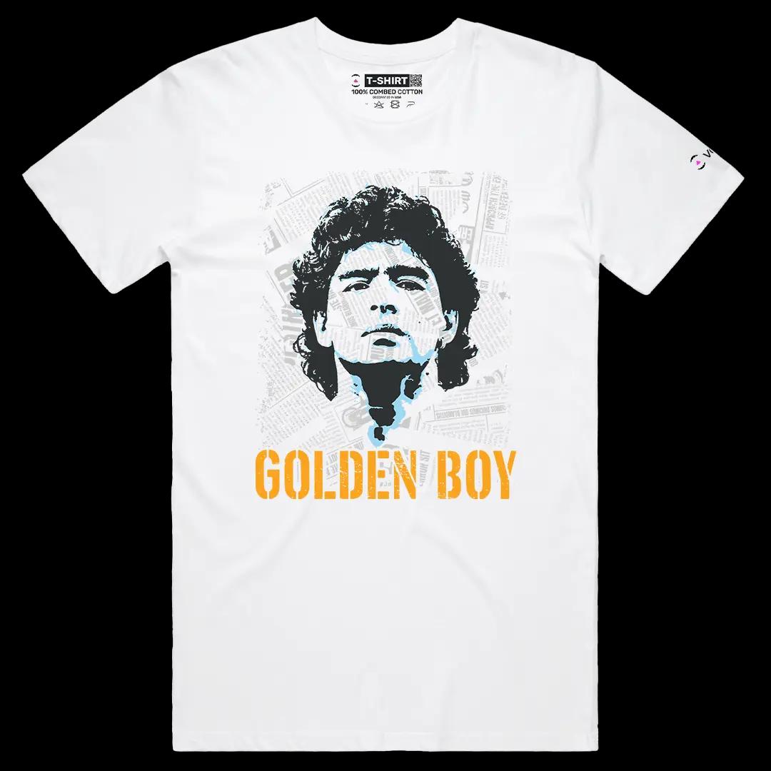 VOICEART White Male Regular Maradona The Golden Boy Sports Graphic Tee for Soccer Fans Short Sleeve Combed Cotton T-Shirt