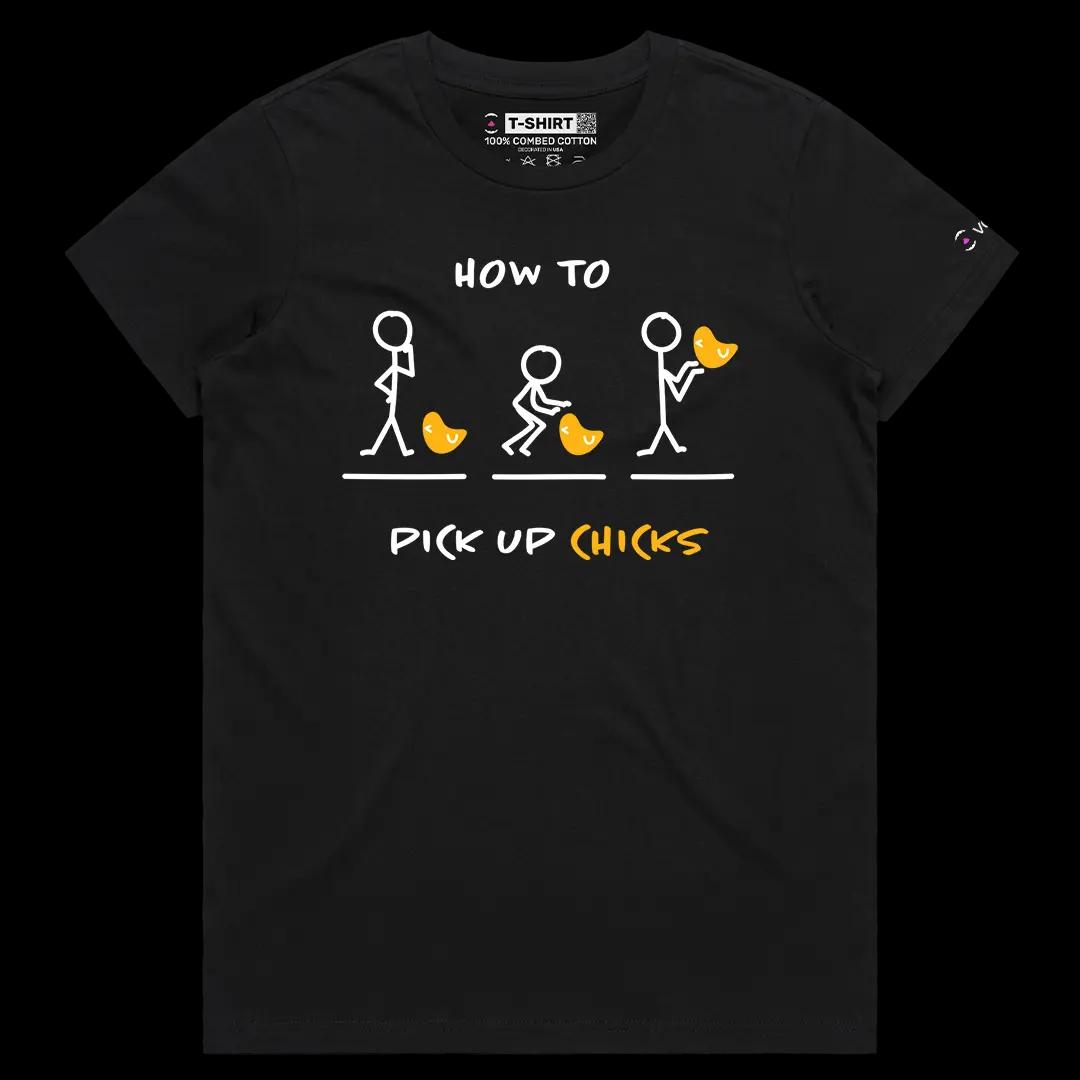 VOICEART Black Female Regular How To Pick Up Chicks Funny Tee Sarcastic Meme Short Sleeve Cotton T-Shirt for Men and Women