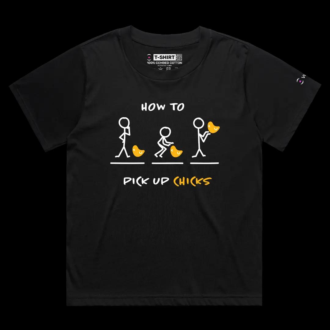VOICEART Black Female Loose How To Pick Up Chicks Funny Tee Sarcastic Meme Short Sleeve Cotton T-Shirt for Men and Women