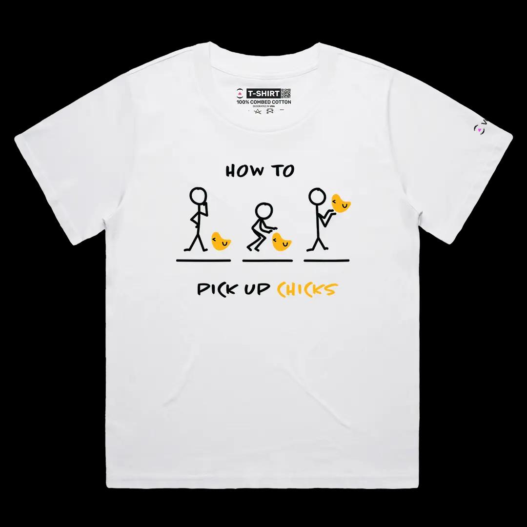 VOICEART White Female Loose How To Pick Up Chicks Funny Tee Sarcastic Meme Short Sleeve Cotton T-Shirt for Men and Women