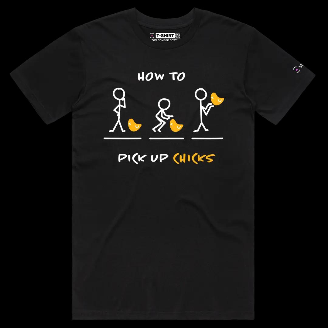 VOICEART Black Male Regular How To Pick Up Chicks Funny Tee Sarcastic Meme Short Sleeve Cotton T-Shirt for Men and Women