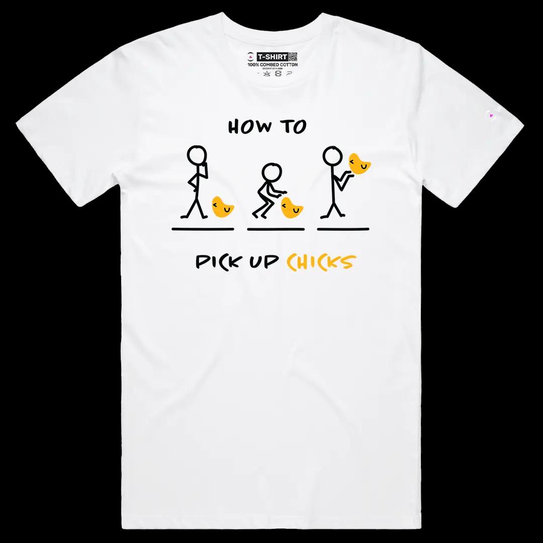 VOICEART White Male Regular How To Pick Up Chicks Funny Tee Sarcastic Meme Short Sleeve Cotton T-Shirt for Men and Women