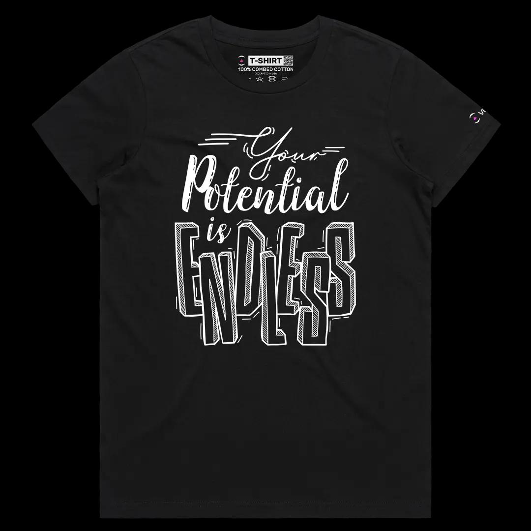 VOICEART Black Female Regular Your Potential Is Endless Lifestyle Graphic Tee Inspiring Message Short Sleeve Cotton T-Shirt