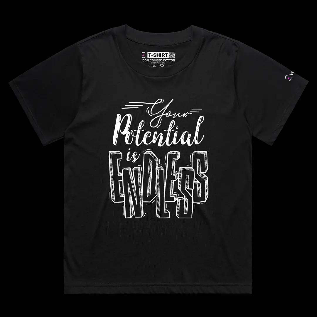 VOICEART Black Female Loose Your Potential Is Endless Lifestyle Graphic Tee Inspiring Message Short Sleeve Cotton T-Shirt