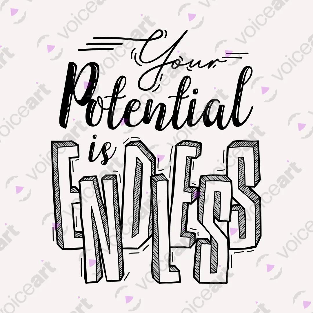 VOICEART White Watermark Your Potential Is Endless Lifestyle Graphic Tee Inspiring Message Short Sleeve Cotton T-Shirt