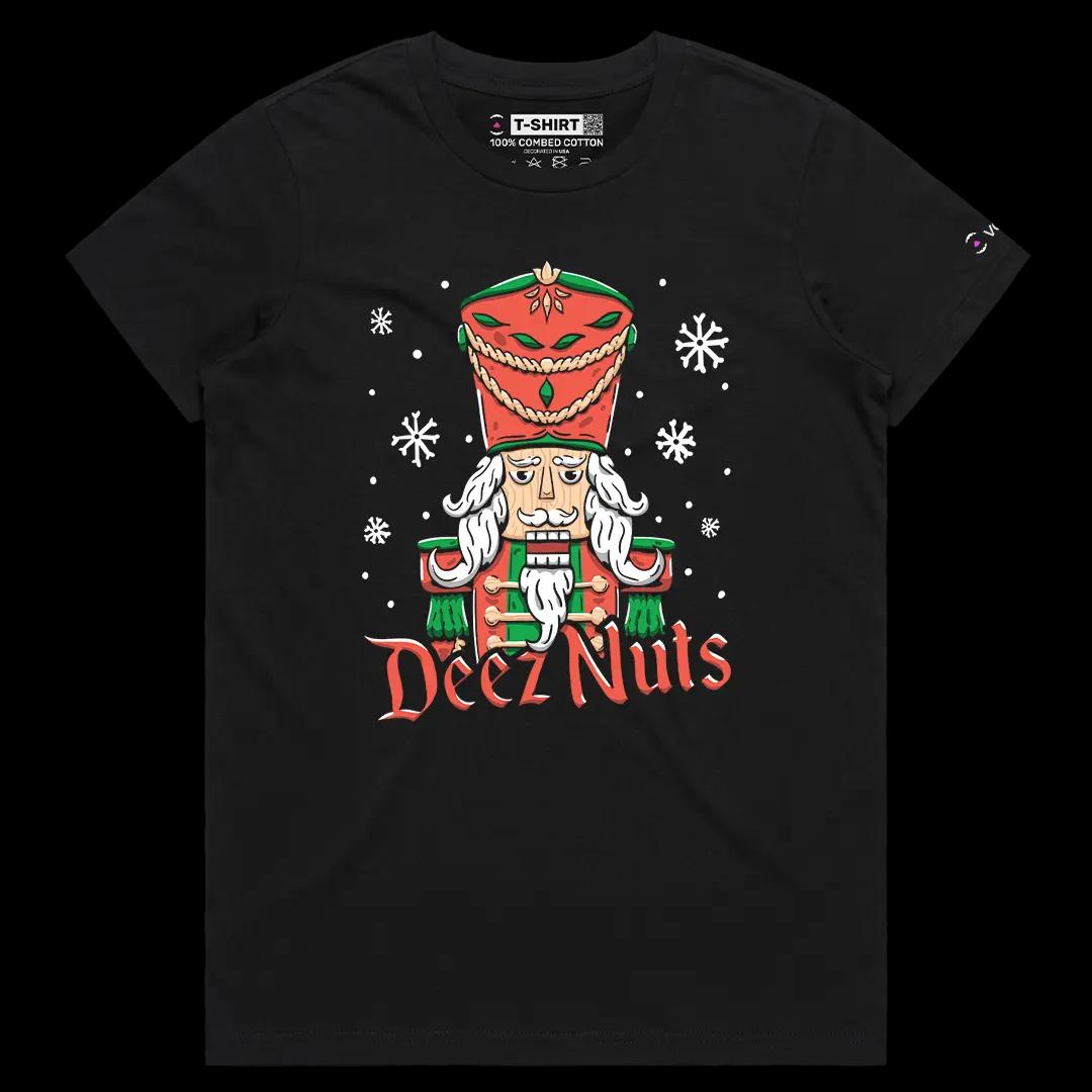 VOICEART Black Female Regular Deez Nuts Funny Graphic Tee with Nutcracker Wordplay Short Sleeve Combed Cotton T-Shirt