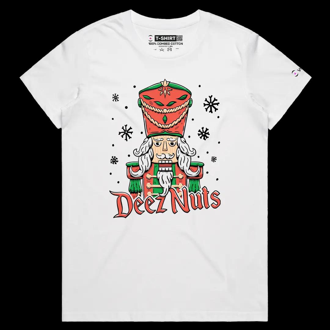 VOICEART White Female Regular Deez Nuts Funny Graphic Tee with Nutcracker Wordplay Short Sleeve Combed Cotton T-Shirt