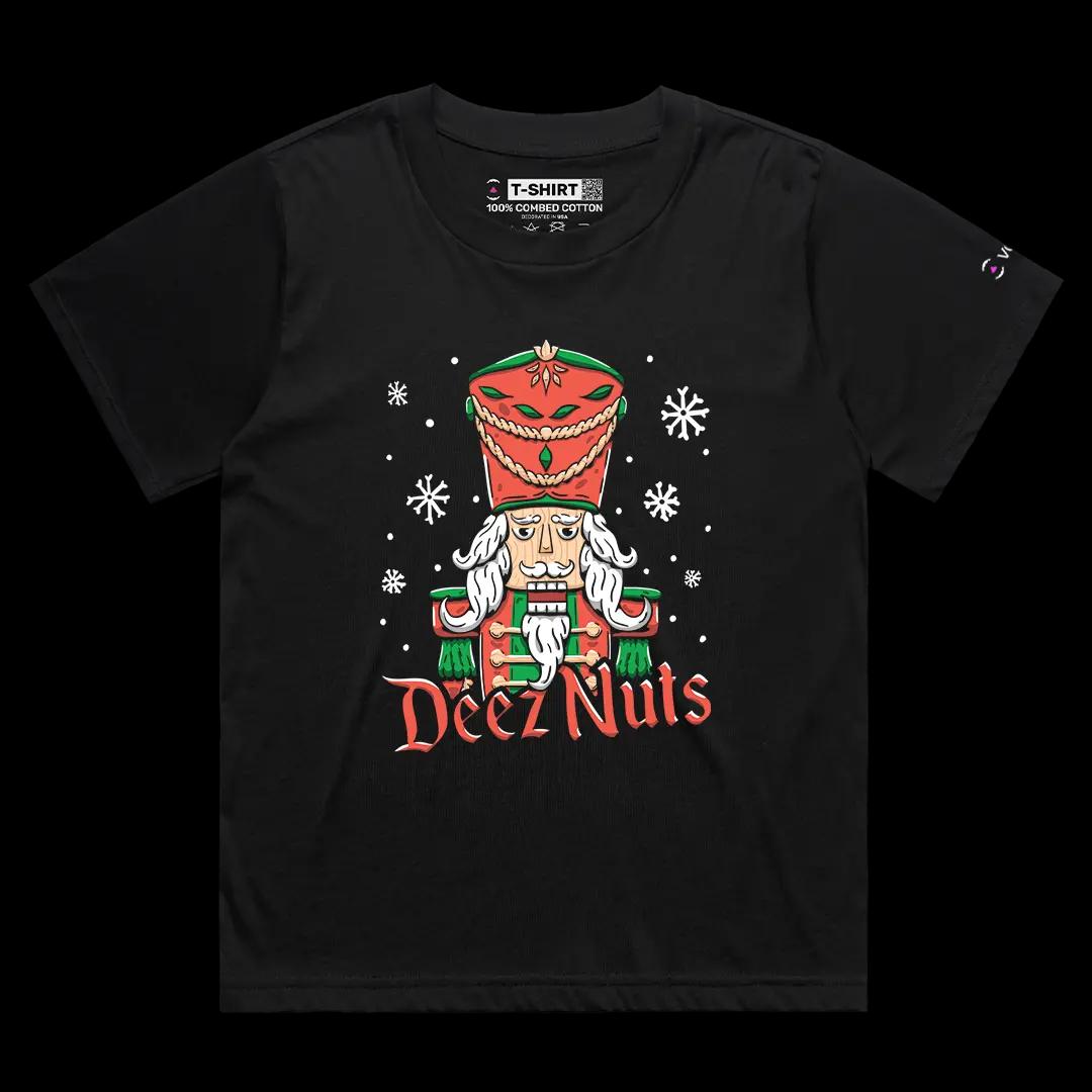 VOICEART Black Female Loose Deez Nuts Funny Graphic Tee with Nutcracker Wordplay Short Sleeve Combed Cotton T-Shirt