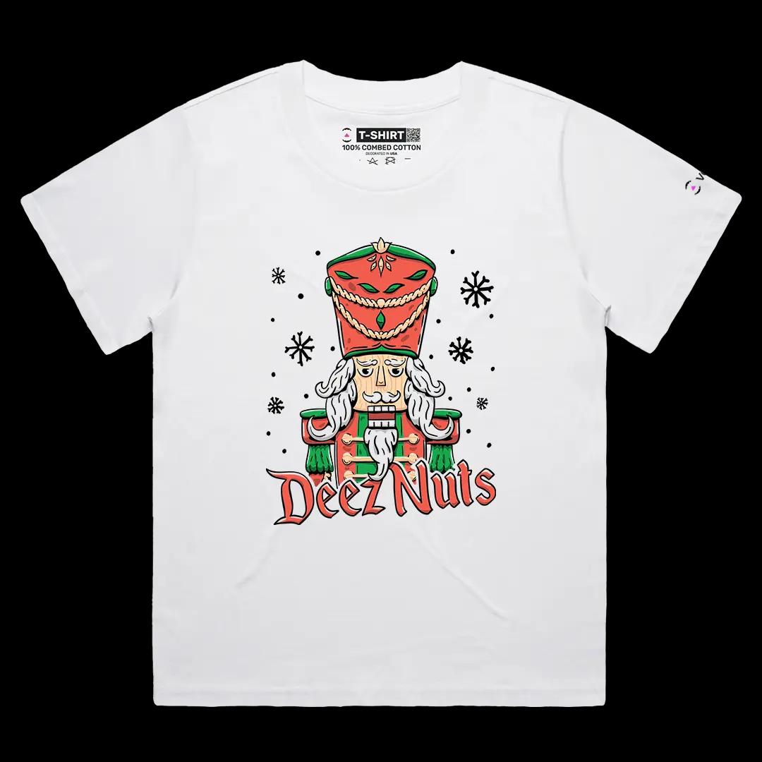 VOICEART White Female Loose Deez Nuts Funny Graphic Tee with Nutcracker Wordplay Short Sleeve Combed Cotton T-Shirt