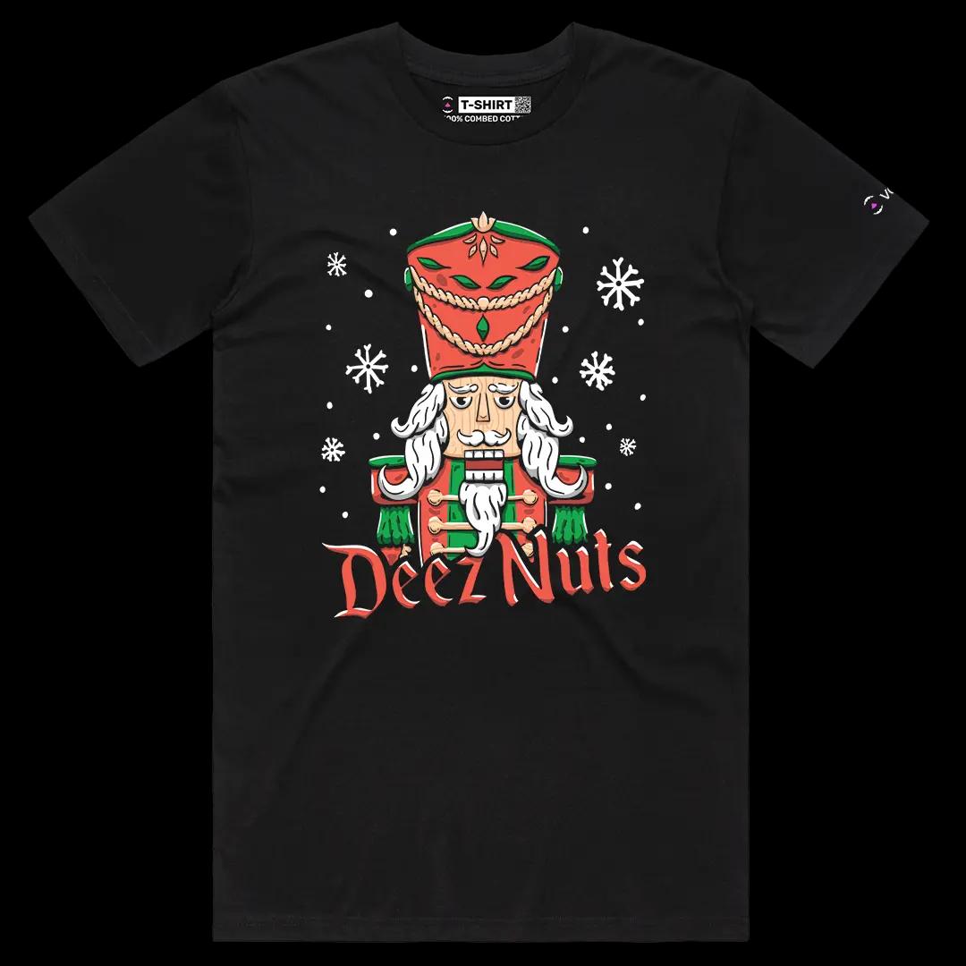 VOICEART Black Male Regular Deez Nuts Funny Graphic Tee with Nutcracker Wordplay Short Sleeve Combed Cotton T-Shirt