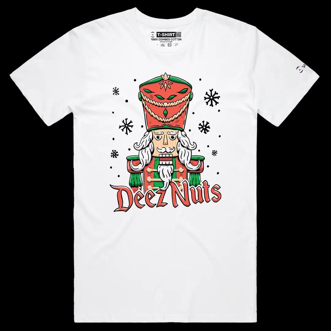 VOICEART White Male Regular Deez Nuts Funny Graphic Tee with Nutcracker Wordplay Short Sleeve Combed Cotton T-Shirt