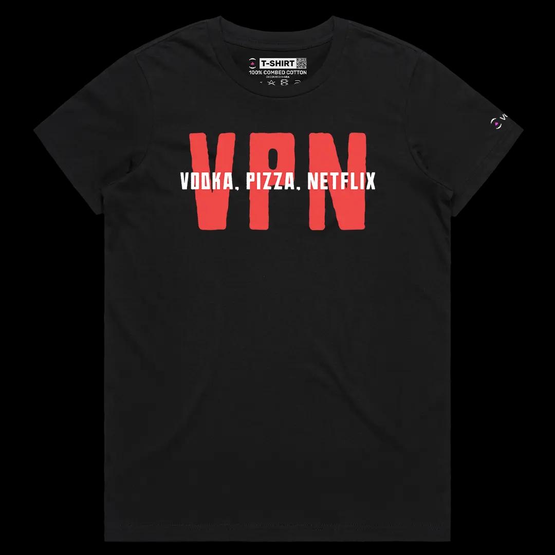 VOICEART Black Female Regular VPN Vodka Pizza Netflix Graphic Meme Tee with Sarcastic Joke Short Sleeve Cotton T-Shirt