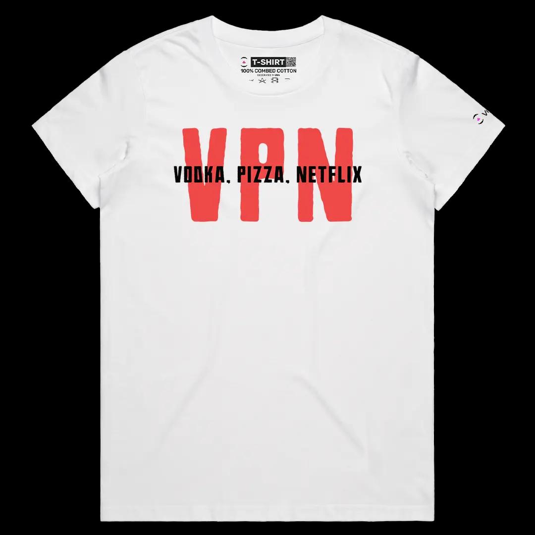 VOICEART White Female Regular VPN Vodka Pizza Netflix Graphic Meme Tee with Sarcastic Joke Short Sleeve Cotton T-Shirt